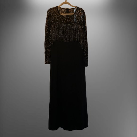 Shein Long Black Dress with Sweetheart Fringe and Gold/Black Lace Sleeves - Picture 2 of 6
